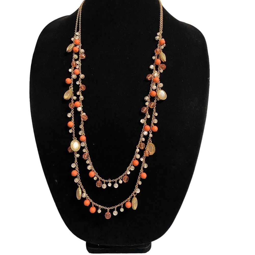 Orange Gold Beaded Double Strand Long Necklace